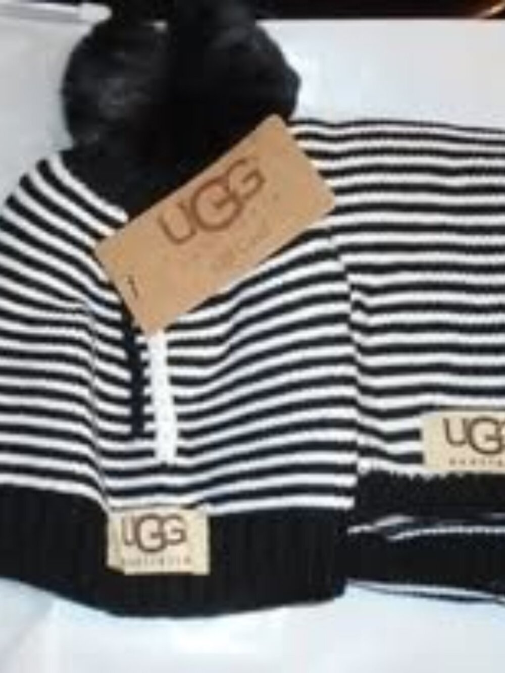 UGG Children's Hat & Scarf Set Black Stripe Winter Knit 2-Piece Warm Cozy